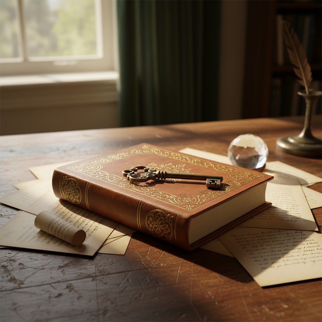 A brown leather book with ornate gold detailing sits atop several papers on a warm wooden desk, surrounded by a magnifying...
