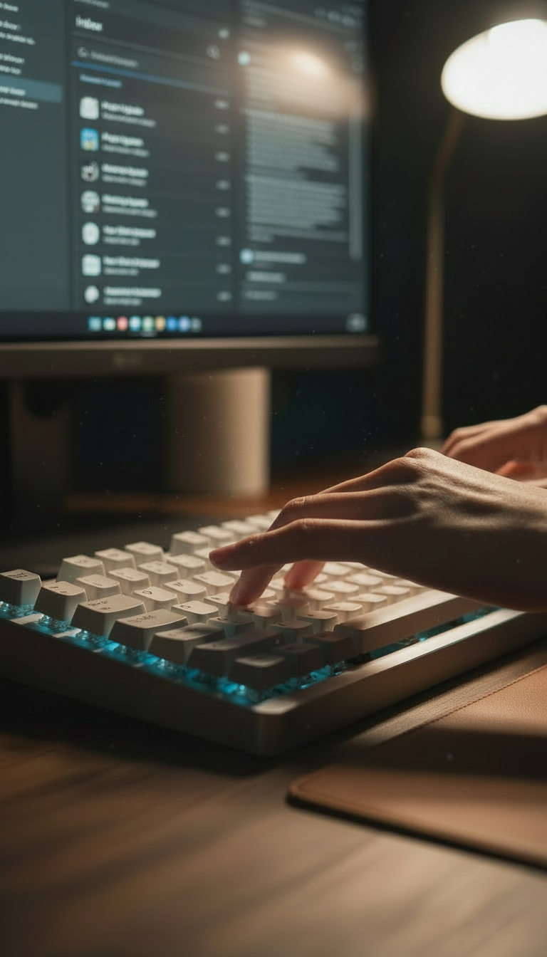 fingers typing on a keyboard, with the screen clearly showing an email interface (like an open email message or inbox). The photo should focus on the fingers and the keyboard with the screen displaying a realistic email.
